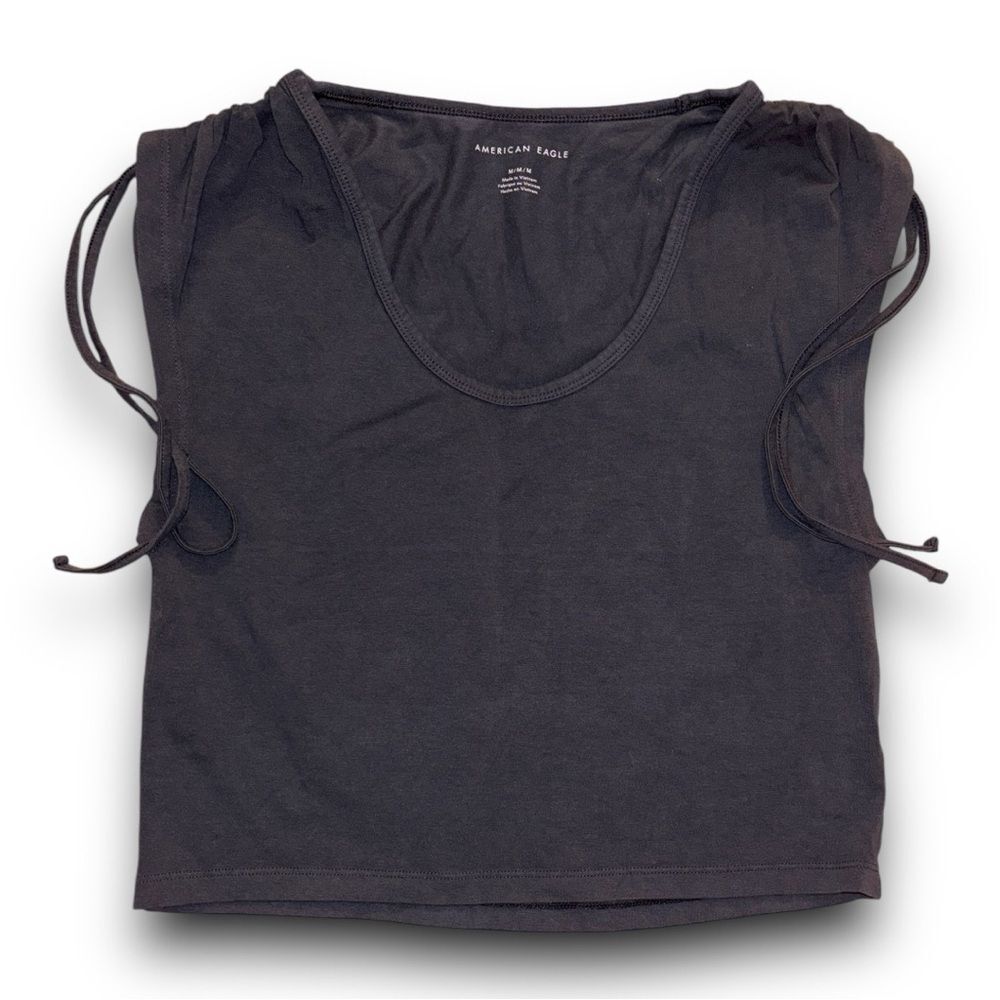 American Eagle Black Ruched Sleeve with Strings Crop Muscle Tee Size Medium